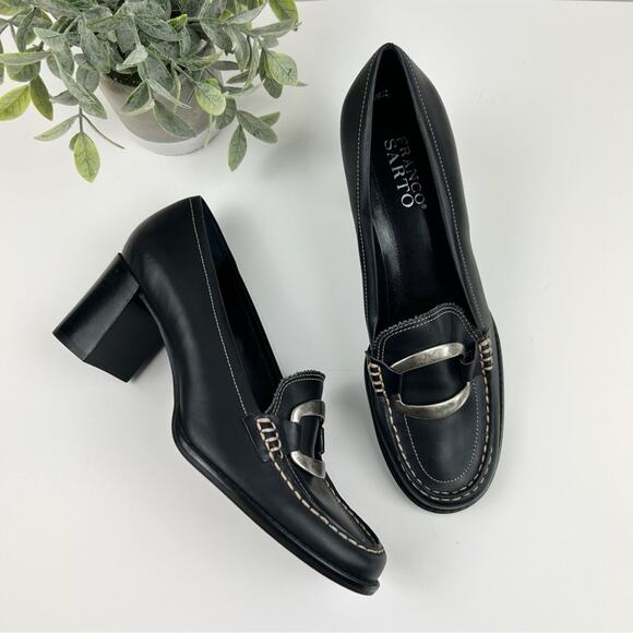 Vintage Franco Sarto Black Leather Block Heels with Silver Buckle Hardware 7.5 - Picture 1 of 9